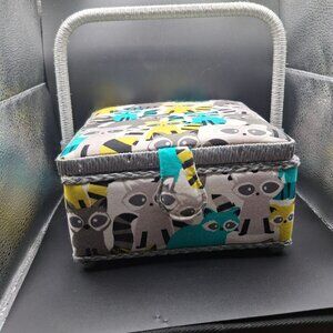 Handcrafted Raccoon/Trash-Panda-Themed Sewing Basket Handle & Compartments